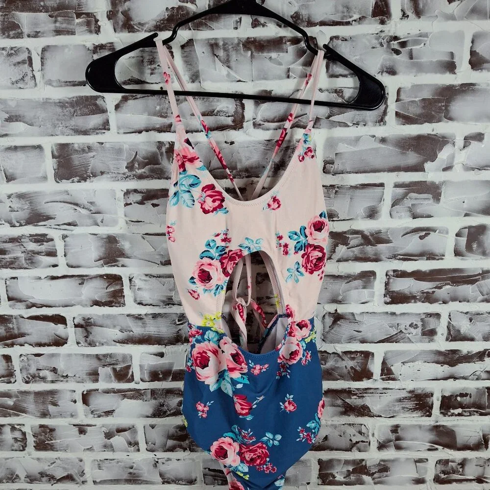 Cupshe XL One Piece Swimsuit Blue Pink Floral Open Front - Picture 1 of 6